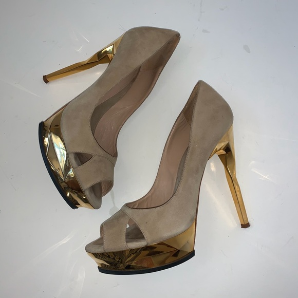 Herve Leger KELLIA Nude Lamb Suede Gold Prism Heel - Picture 8 of 12